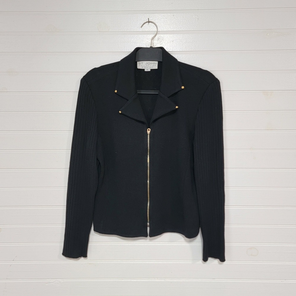 St John Collection Marie Gray Black Santana Knit Zip Jacket Size 6 Gold *FLAW*